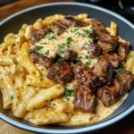 Cajun Steak Tips with Penne in Creamy Parmesan Cheese Sauce