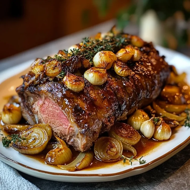 Slow-Roasted Lamb Shoulder with Roasted Garlic, Caramelized Onions & Honey Herb Glaze